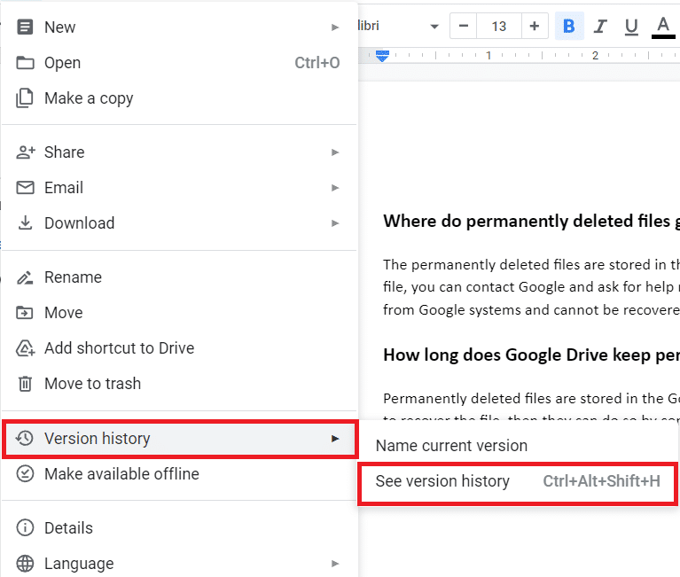 選擇選項版本歷史，然後在子菜單中查看版本歷史 |如何恢復已刪除的 Google Doc