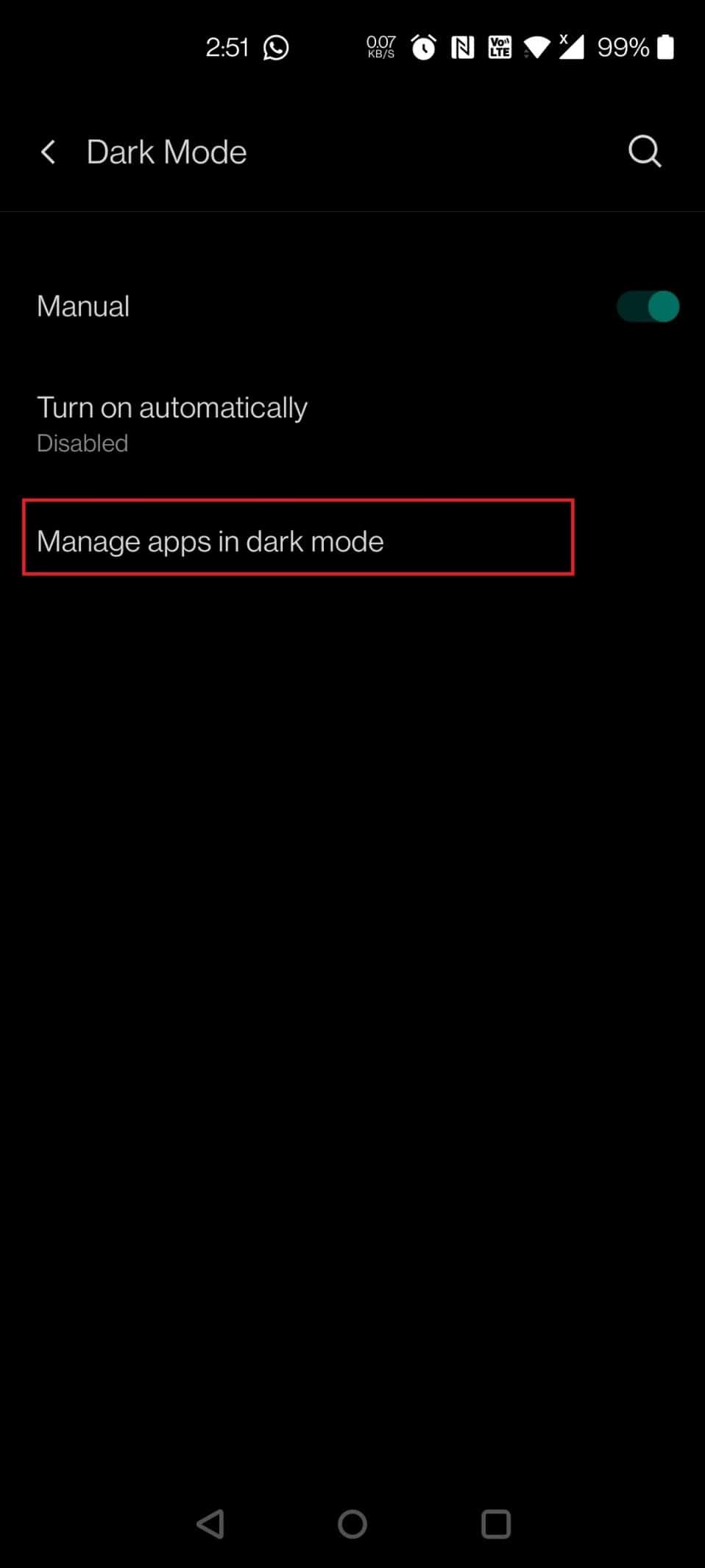 Appuyez sur Gérer les applications en mode sombre