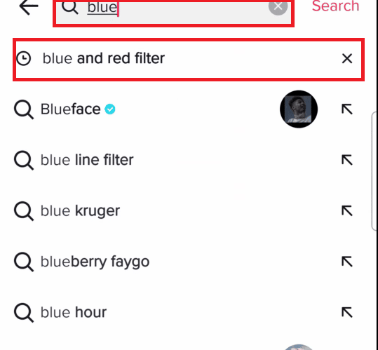 Recherchez le filtre bleu et rouge et appuyez sur le résultat