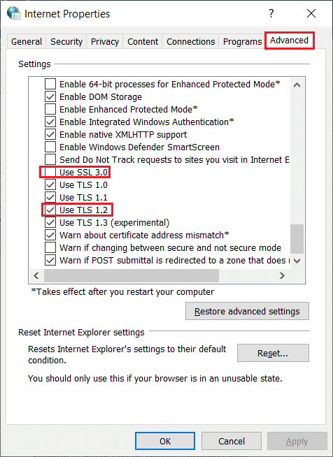 取消选中使用 SSL 3.0 选项并选中使用 TLS 1.2 选项。修复盗贼之海服务暂时不可用 Lavenderbeard