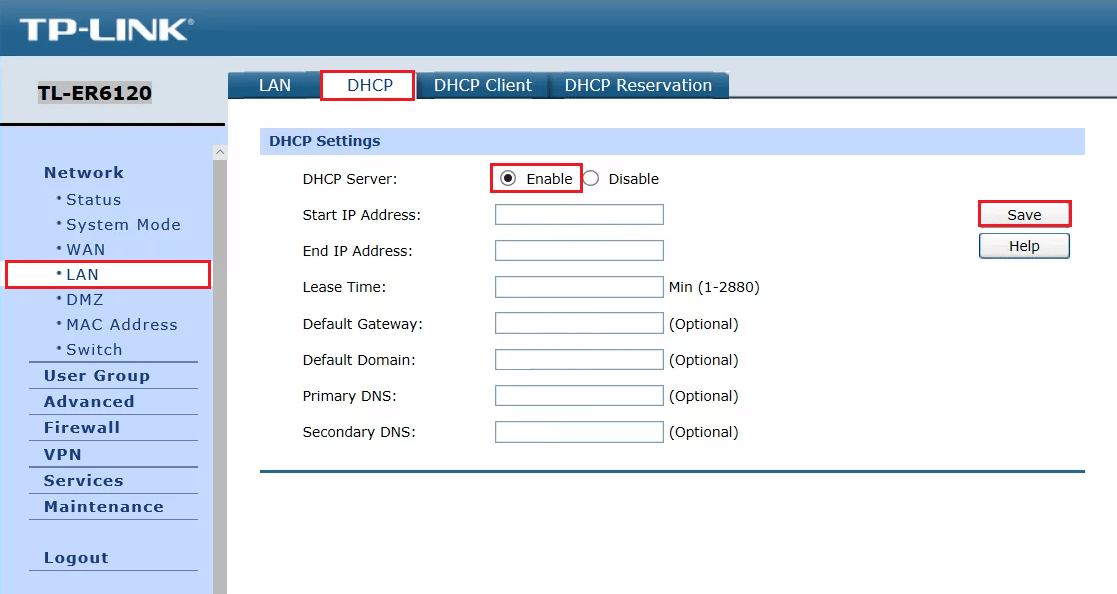 切換到 DHCP 選項卡並確保已啟用 DHCP 服務器