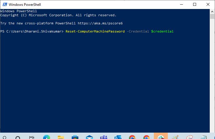 然後，輸入 Reset-ComputerMachinePassword -Credential $credential 並按 Enter