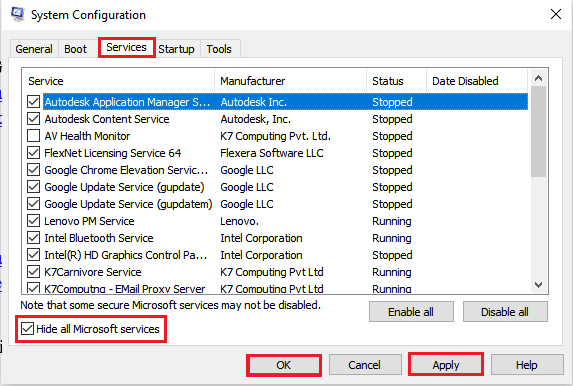 選擇所有 NVIDIA 服務並單擊 Apply 和 OK 按鈕。修復 NVIDIA 覆蓋在 Windows 10 上不起作用