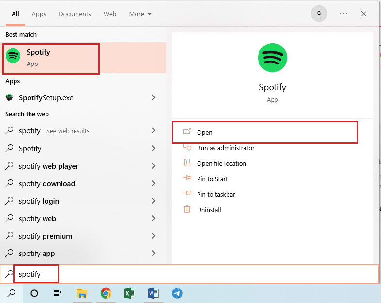 在搜索欄中搜索 Spotify，然後單擊應用結果以在您的 PC 上啟動該應用