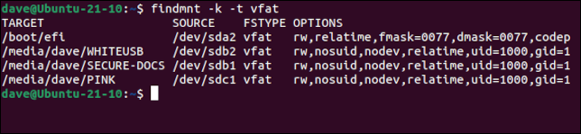 使用 findmnt 在 /proc/self/mount 中搜索 vfat 文件系統掛載