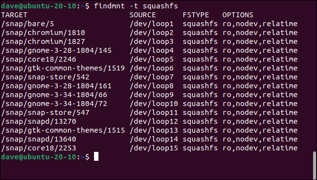 使用 findmnt 檢查 squashfs 文件系統掛載點