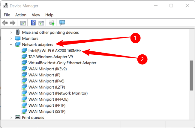 "Ağ Bağdaştırıcıları"nı seçin ve Wi-Fi Bağdaştırıcınızı arayın. Bu örnekte bir Intel kablosuz bağdaştırıcısı vardır.