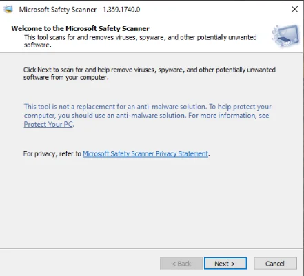 Scegli il tipo di scansione in Microsoft Safety Scanner