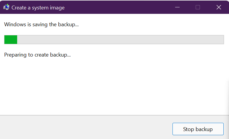 Windows lancera le processus et se préparera à créer une sauvegarde
