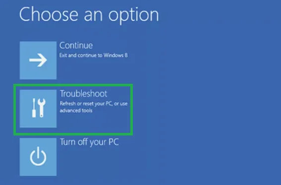 Pilih Troubleshoot pada layar Choose an option