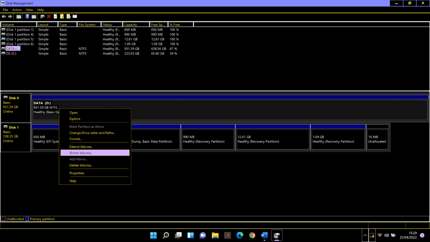 Klik kanan drive dan pilih Kecilkan Volume