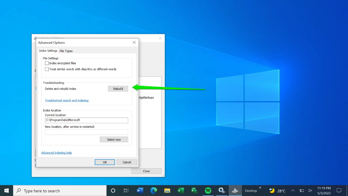 Windows 10'da Arama dizinini yeniden oluşturun