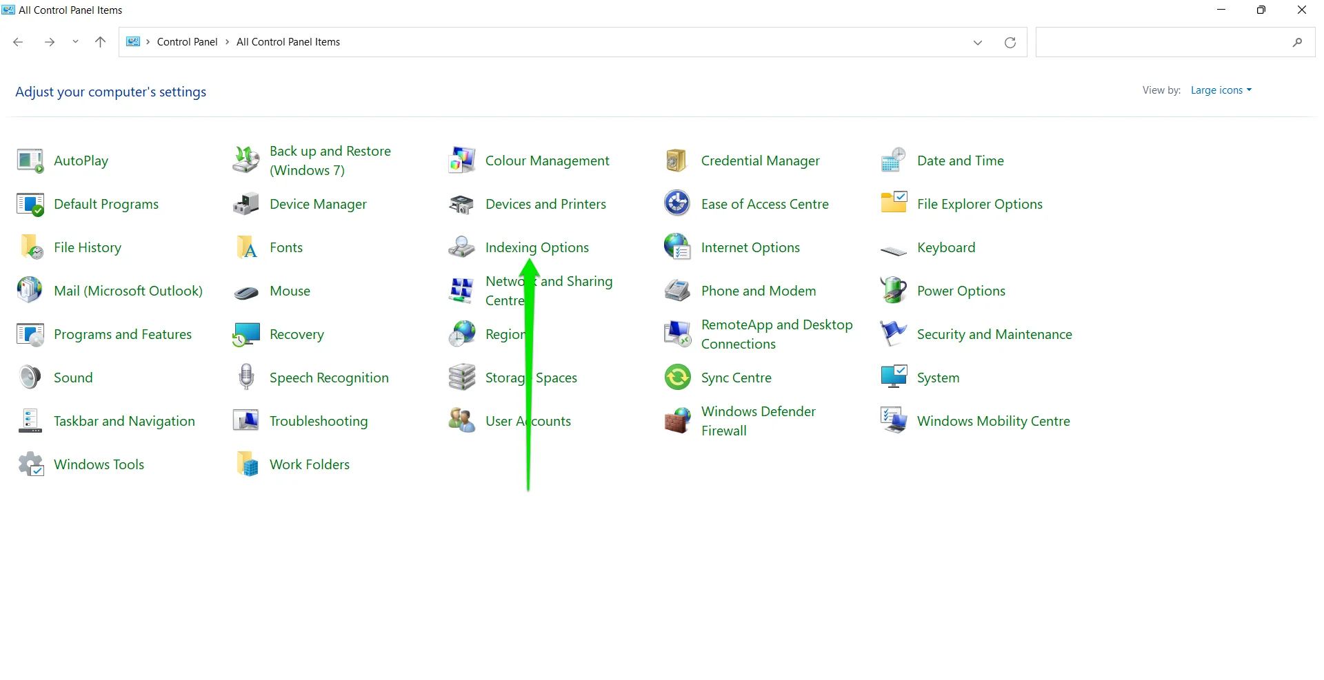 Gehen Sie durch die Systemsteuerung, um das Dialogfeld Indizierungsoptionen zu öffnen