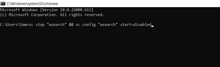 ปิดใช้งานการสร้างดัชนีด้วยการใช้ Command Prompt