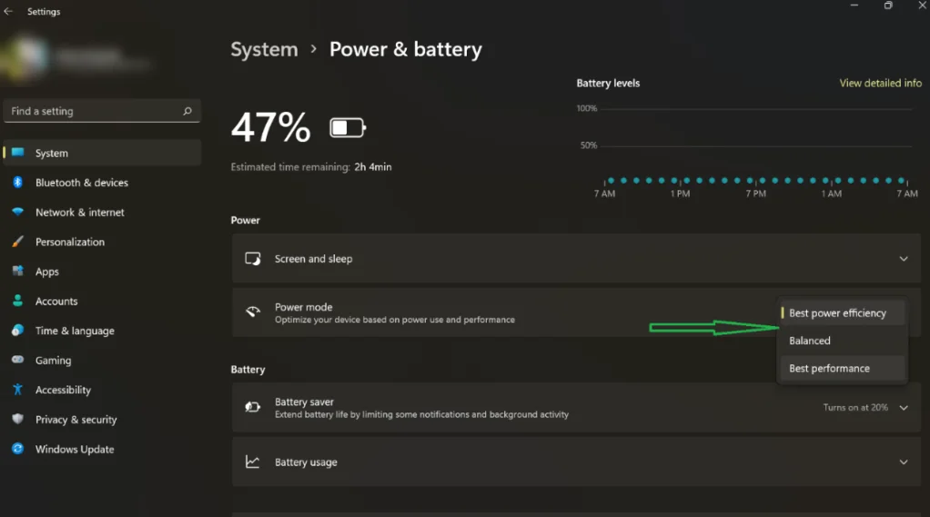 [設定]ページで、[電源モード]の横にあるドロップダウンメニューをクリックし、[最高のパフォーマンス]を選択します