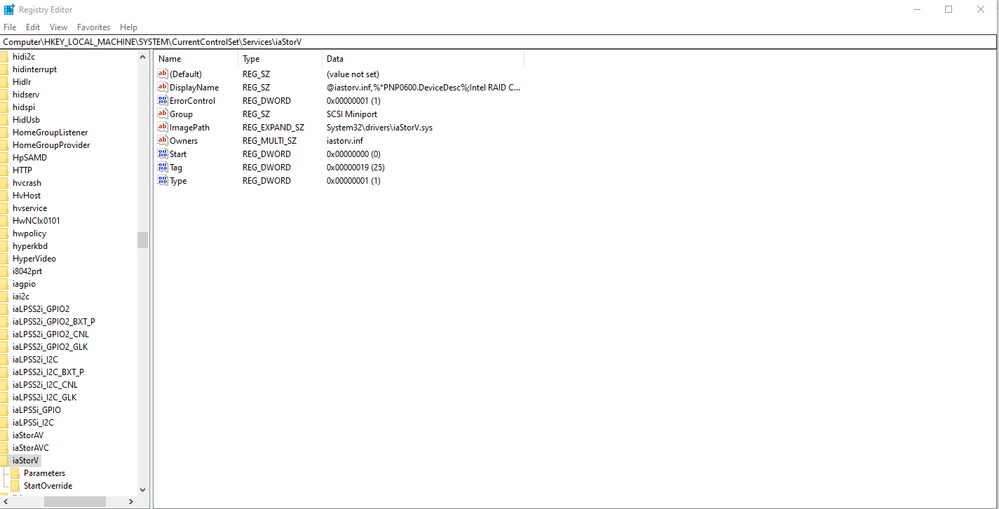 ไปที่ HKEY_LOCAL_MACHINE\System\CurrentControlSet\services\iaStorV และเปลี่ยนค่าเริ่มต้น reg_dword จาก 3 เป็น 0