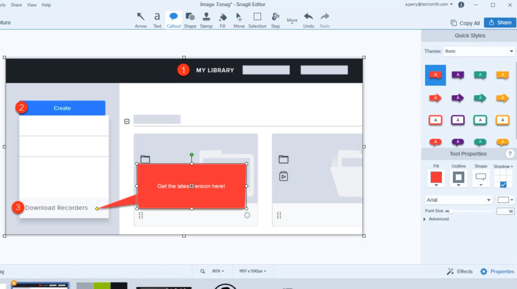 Interface Snagit em ação, com captura de tela, textos explicativos e ferramenta de passo