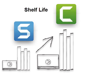 Ilustrasi yang menunjukkan logo Snagit dengan video masa simpan yang lebih pendek vs logo Camtasia dengan video masa simpan yang lebih lama