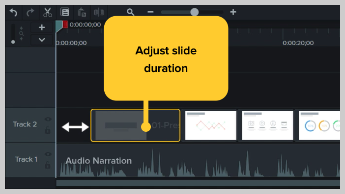 capture d'écran de la façon d'ajuster le timing des diapositives powerpoint dans la chronologie de camtasia