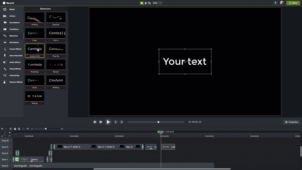 Aby dodać tekst do wideo, możesz dodać zachowanie do osi czasu, aby przenieść tekst