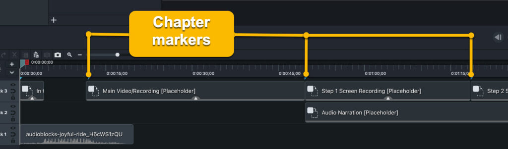 Interface Camtasia affichant des marqueurs de chapitre sur la timeline.