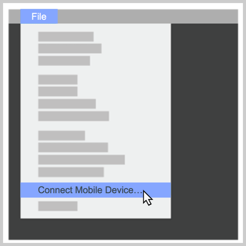 Menu de fichiers logiciels avec la plupart des options supprimées via des graphiques simplifiés pour afficher l'option Connecter un appareil mobile.