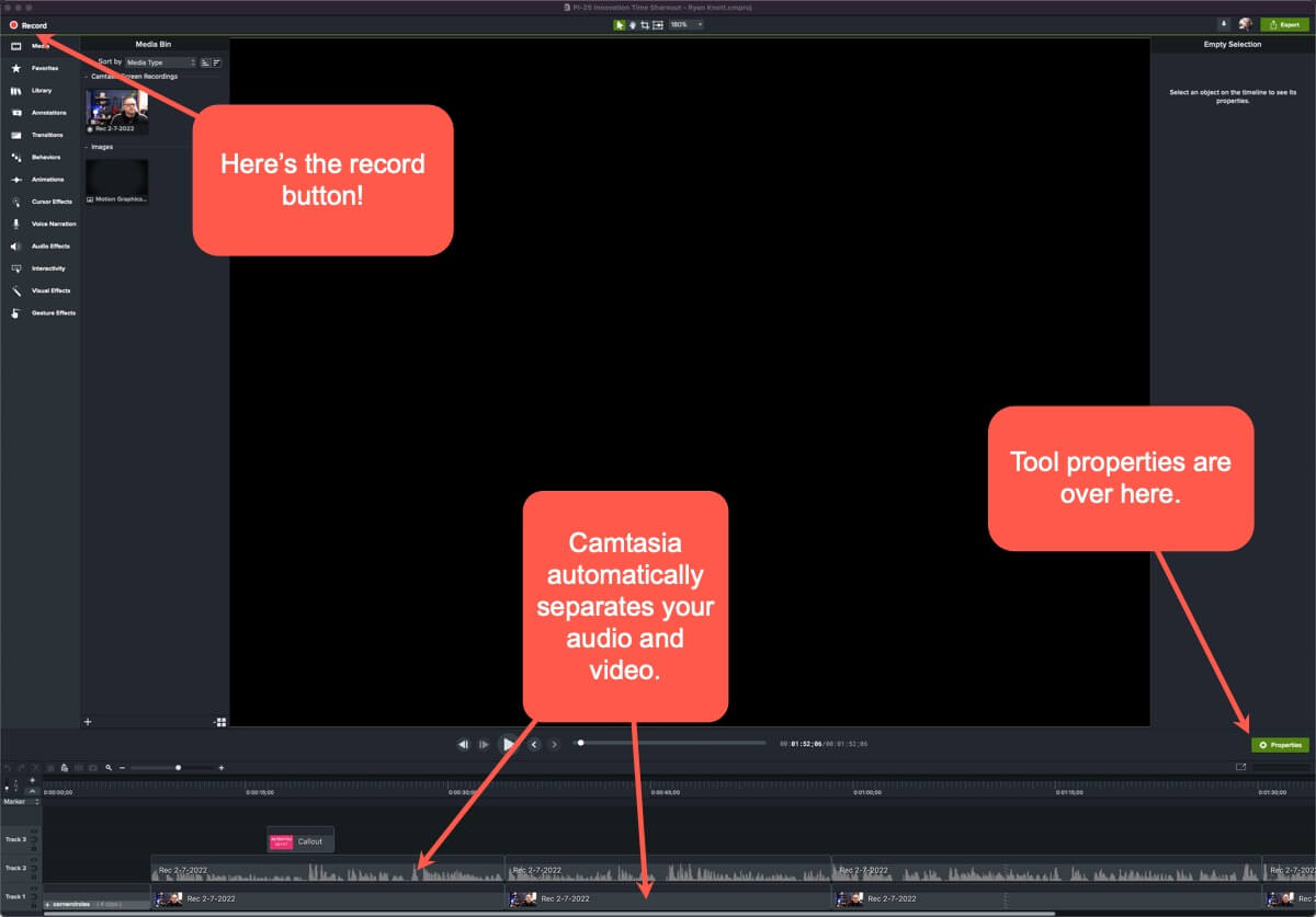 Capture d'écran de l'interface utilisateur de Camtasia avec des annotations indiquant les emplacements du bouton d'enregistrement, la chronologie et les propriétés de l'outil.