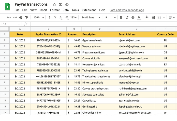 PayPal transactions in Google Sheets