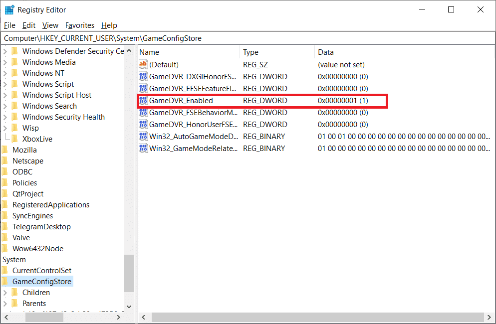 Дважды щелкните параметр GameDVR Enabled в папке GameConfigStore.