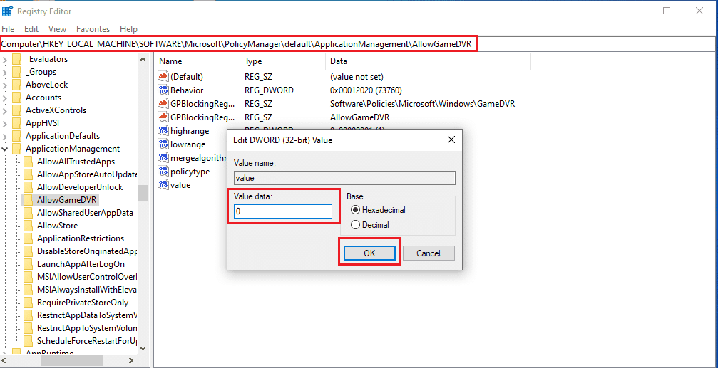 Defina os dados do valor como 0 para a opção AllowGameDVR. Corrigir Overwatch não inicializando no Windows 10