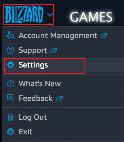 clique no logotipo da Blizzard e clique na opção Configurações