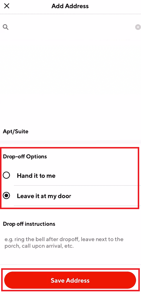 เลือกตัวเลือก Drop-off และแตะที่ตัวเลือกบันทึกที่อยู่