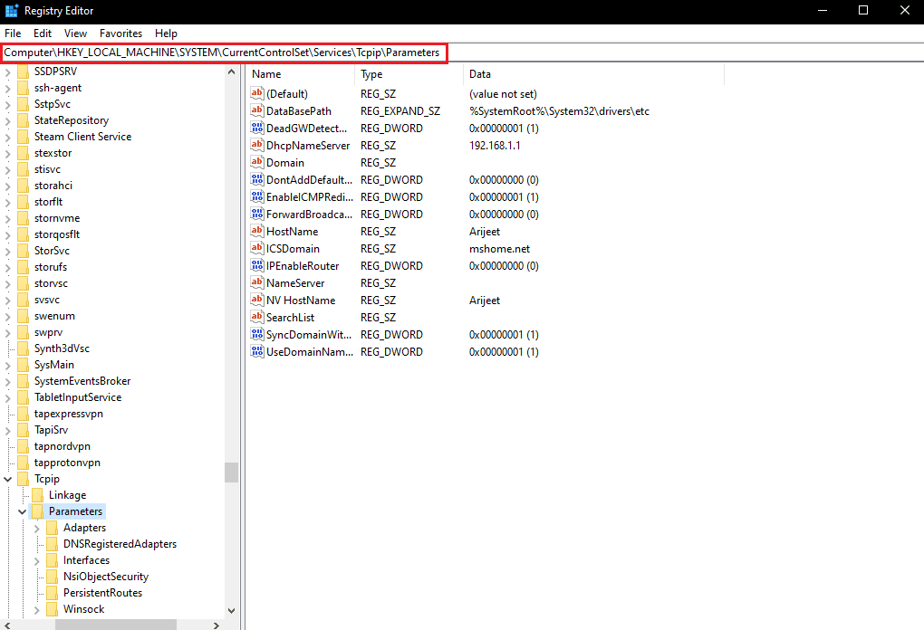 Speicherort des TCP-Parameterschlüssels für Dienste