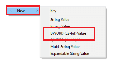 Klicken Sie auf Neu und wählen Sie DWORD 32 Bit aus dem Dropdown-Menü.