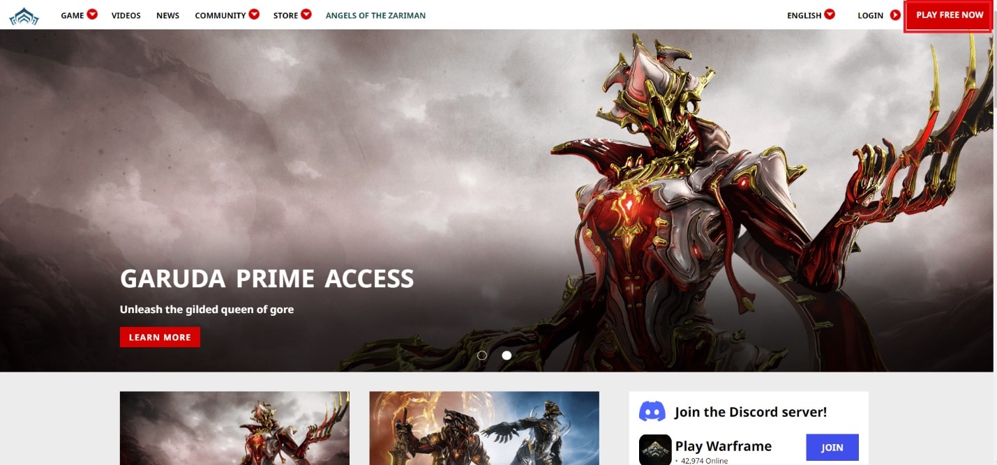 Kunjungi situs web resmi Warframe dan klik MAIN GRATIS SEKARANG dari sudut kanan atas