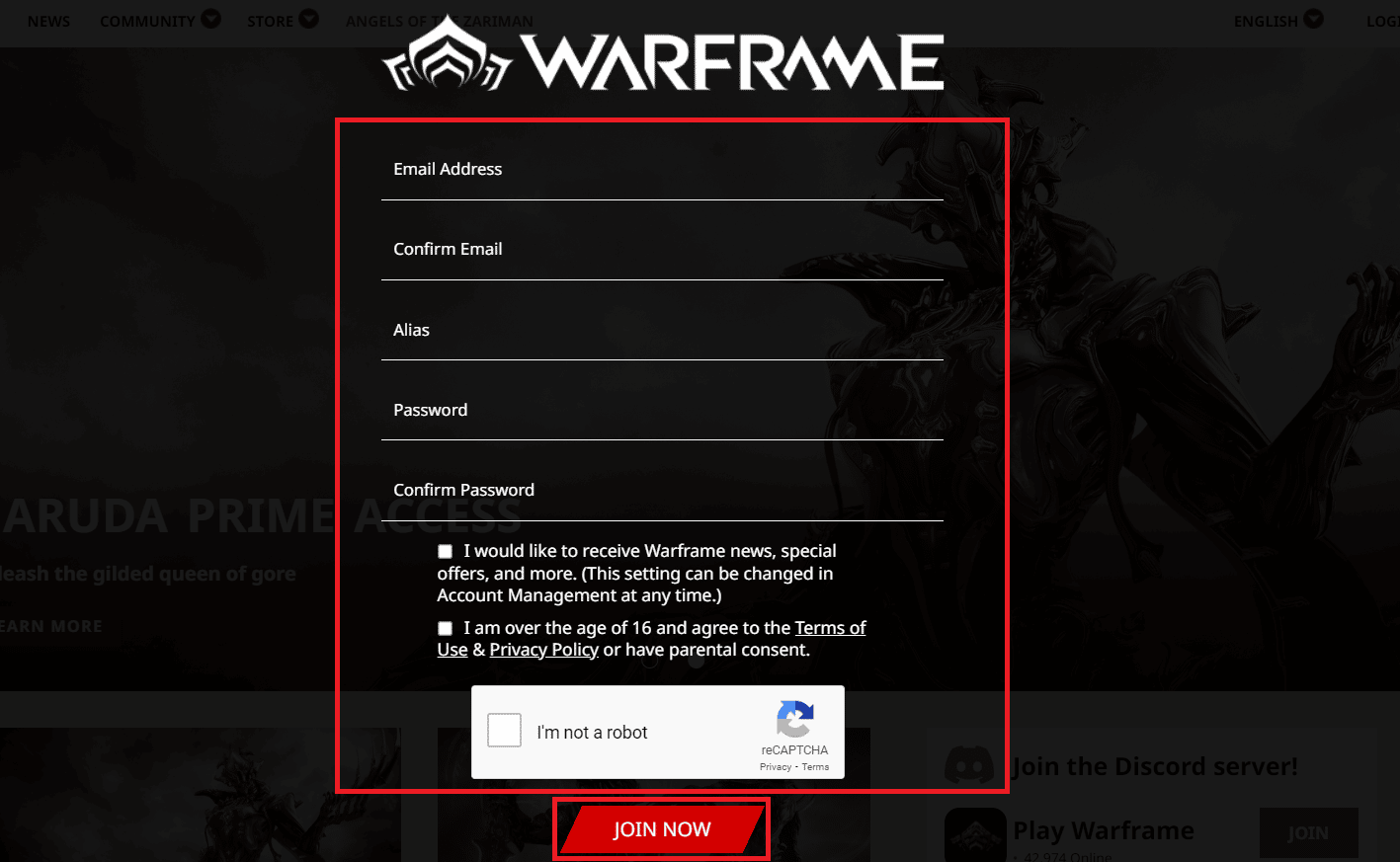 ป้อนข้อมูลในช่องที่ต้องกรอกทั้งหมดแล้วคลิกเข้าร่วมทันที แก้ไขข้อผิดพลาด Warframe 10054 บน Windows 10