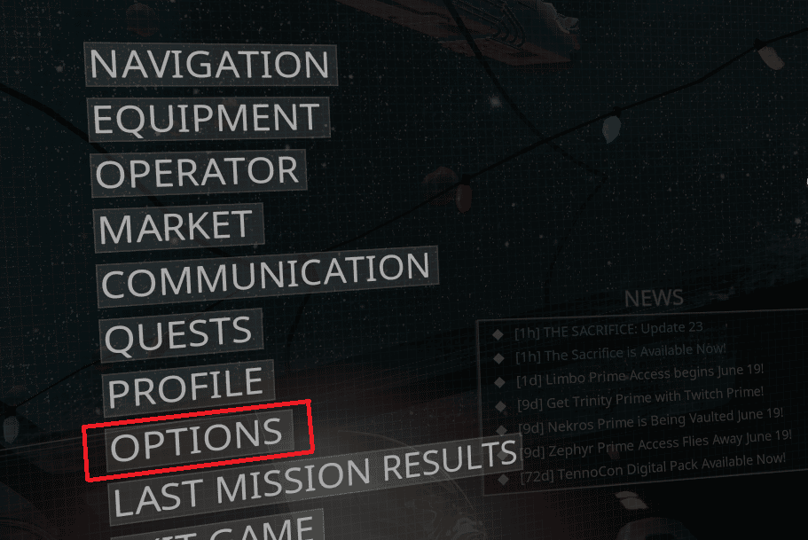 Deschideți meniul jocului Warframe și faceți clic pe Opțiune din listă