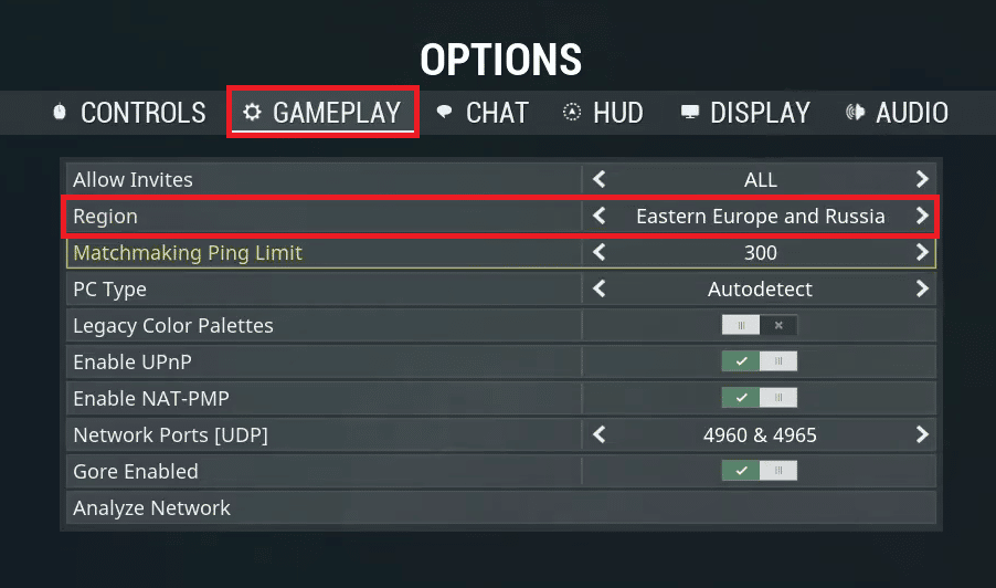 Klik pada tab Gameplay dan kemudian pada opsi Region untuk mengubah wilayah ingame. Perbaiki Kesalahan Warframe 10054 pada Windows 10