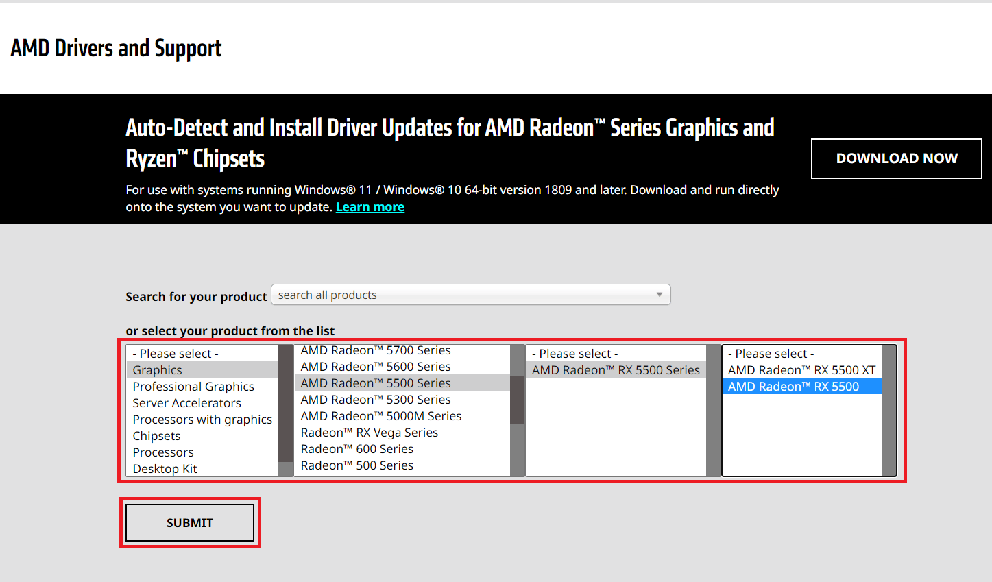 Seleziona il driver grafico corretto per il tuo dispositivo dall'elenco e fai clic su INVIA. Risolto il problema con Radeon WattMan Crash su Windows 10