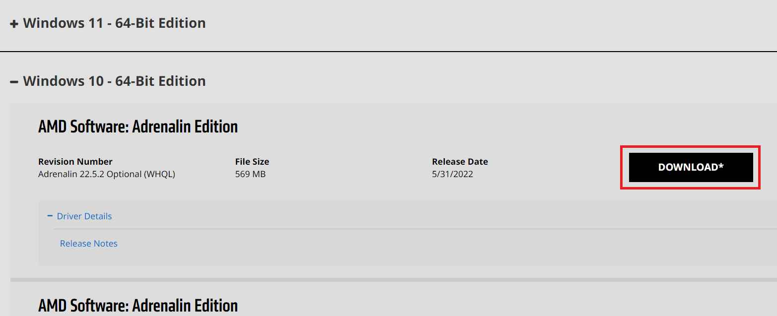 Cliquez sur l'option TÉLÉCHARGER pour démarrer le processus de téléchargement. Correction du crash de Radeon WattMan sous Windows 10