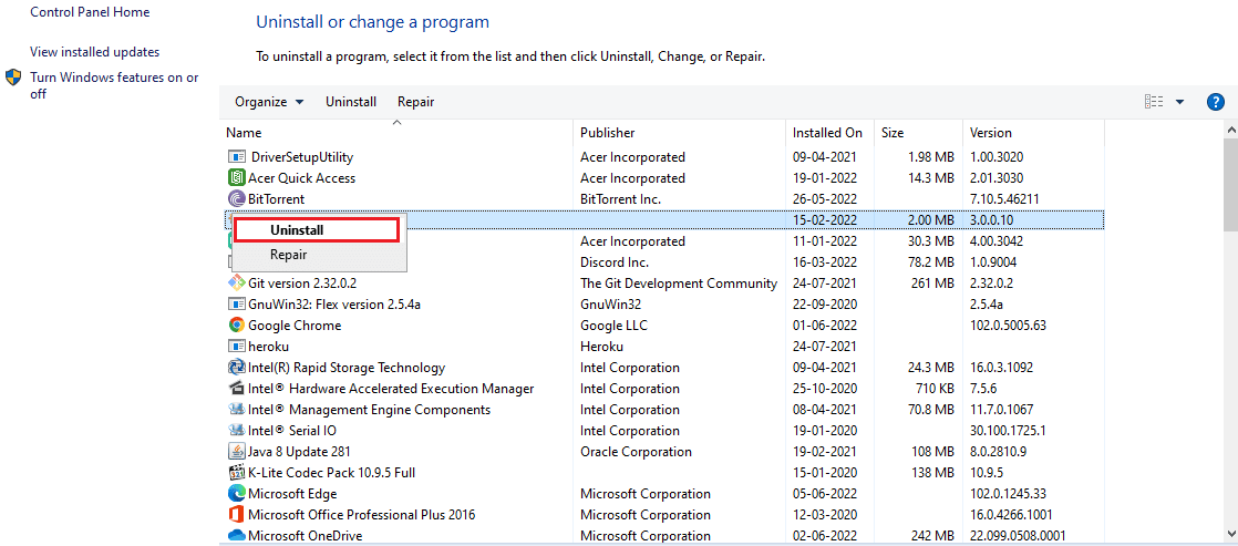 programme de désinstallation