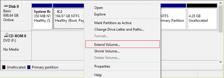 Faites un clic droit sur le lecteur système et sélectionnez Étendre le volume. Correction de l'erreur de mise à jour 0x80070bcb Windows 10