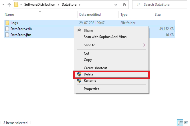 Wählen Sie die Option Löschen, um alle Dateien und Ordner aus dem DataStore-Speicherort zu entfernen. Update-Fehler 0x80070bcb Windows 10 beheben