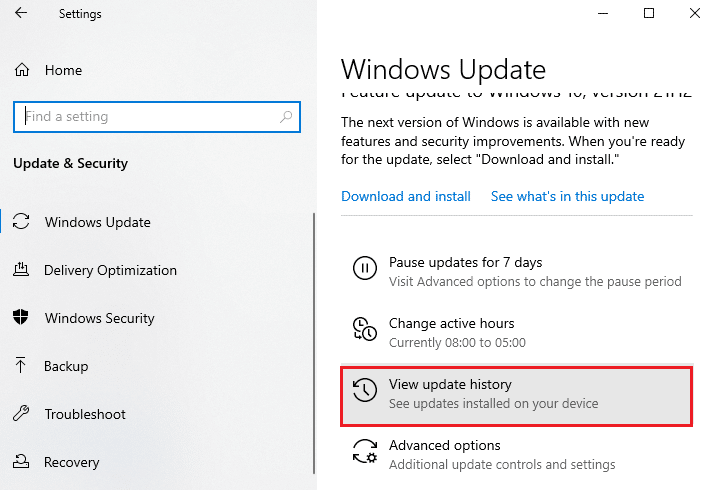 Klicken Sie auf die Option Update-Verlauf anzeigen. Update-Fehler 0x80070bcb Windows 10 beheben