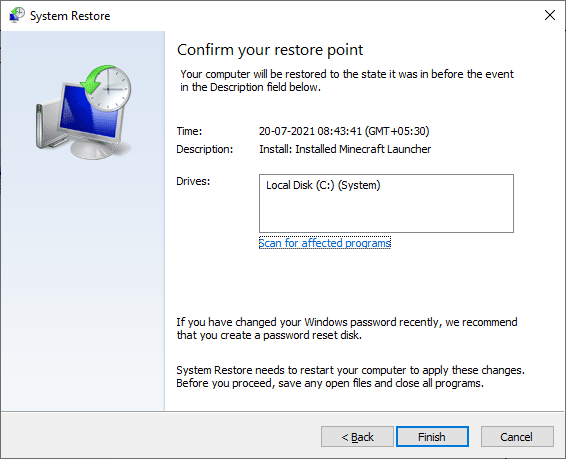 konfirmasi titik pemulihan dengan mengklik tombol Selesai. Perbaiki Kesalahan Pembaruan 0x80070bcb Windows 10