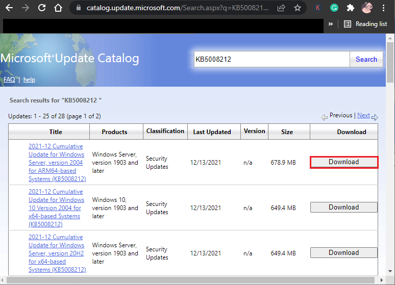 Klicken Sie auf Download entsprechend Ihrem neuesten KB5008212-Update