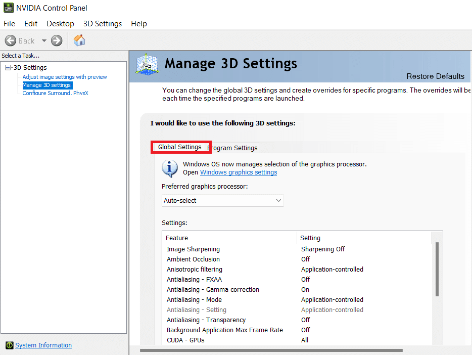 seleccione la configuración global en administrar la configuración 3D del panel de control de NVIDIA