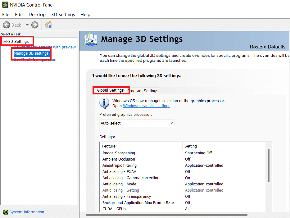 seleccione administrar configuración 3d