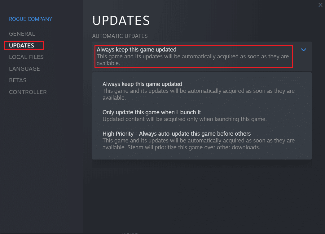 Wechseln Sie zur Registerkarte UPDATES und klicken Sie im Abschnitt AUTOMATISCHE UPDATES auf Dieses Spiel immer auf dem neuesten Stand halten