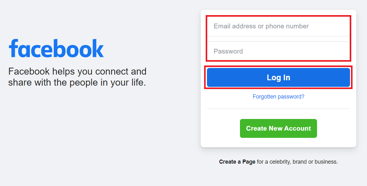 Página de login do Facebook. Insira as credenciais de login | Hora do evento do Facebook errada